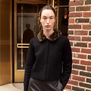 Zara black faux fur collar cardigan sz L